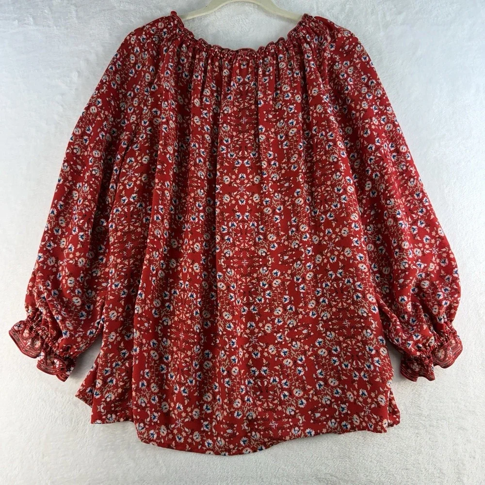 Max Studio Plus 1X Top Red Floral Peasant Blouse Boho Cottagecore Flowy Women's - Picture 10 of 11